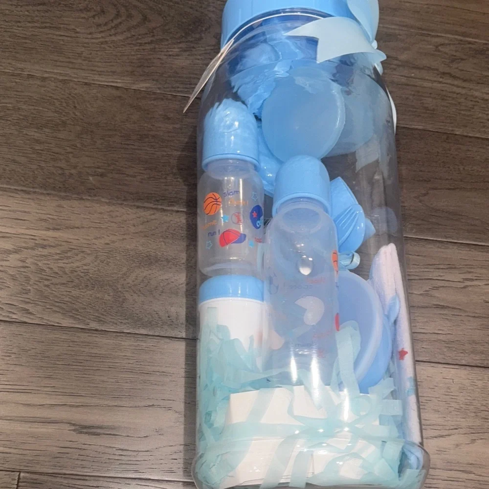 New Giant Baby bottle Gift Set with Blue Accessories for baby boy